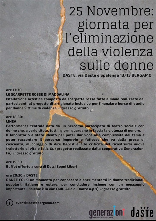 25 novembre: Giornata mondiale per l’eliminazione della violenza sulle donne organizzato da Generazioni FA