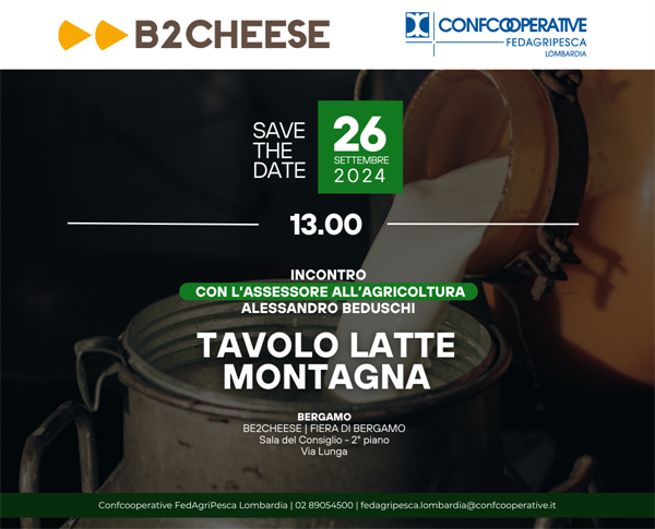 SAVE THE DATE 26 settembre 2024: incontro "Tavolo Latte Montagna" a Bergamo